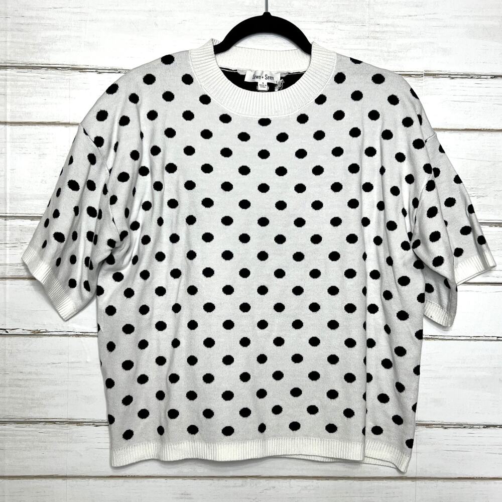 Sewn + Seen Black White Polka Dot Knit Top Small Short Sleeve Sweater